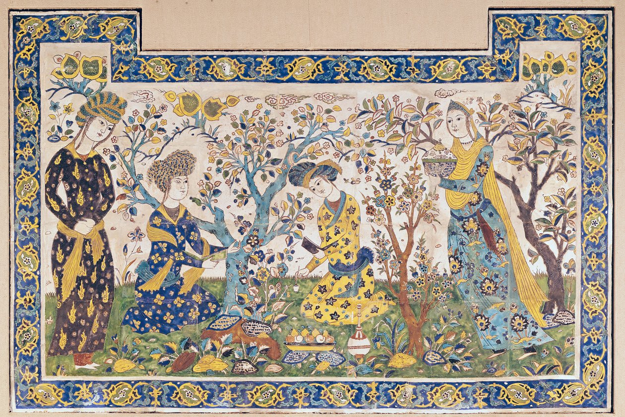 Nástěnná malba s postavami odpočívajícími v zahradě z Tchehel Sutun neboli Pavilonu čtyřiceti sloupů, který postavil Shah Abbas II (1642-66), perský, z Isfahánu, Írán (keramické dlaždice) od Islamic School