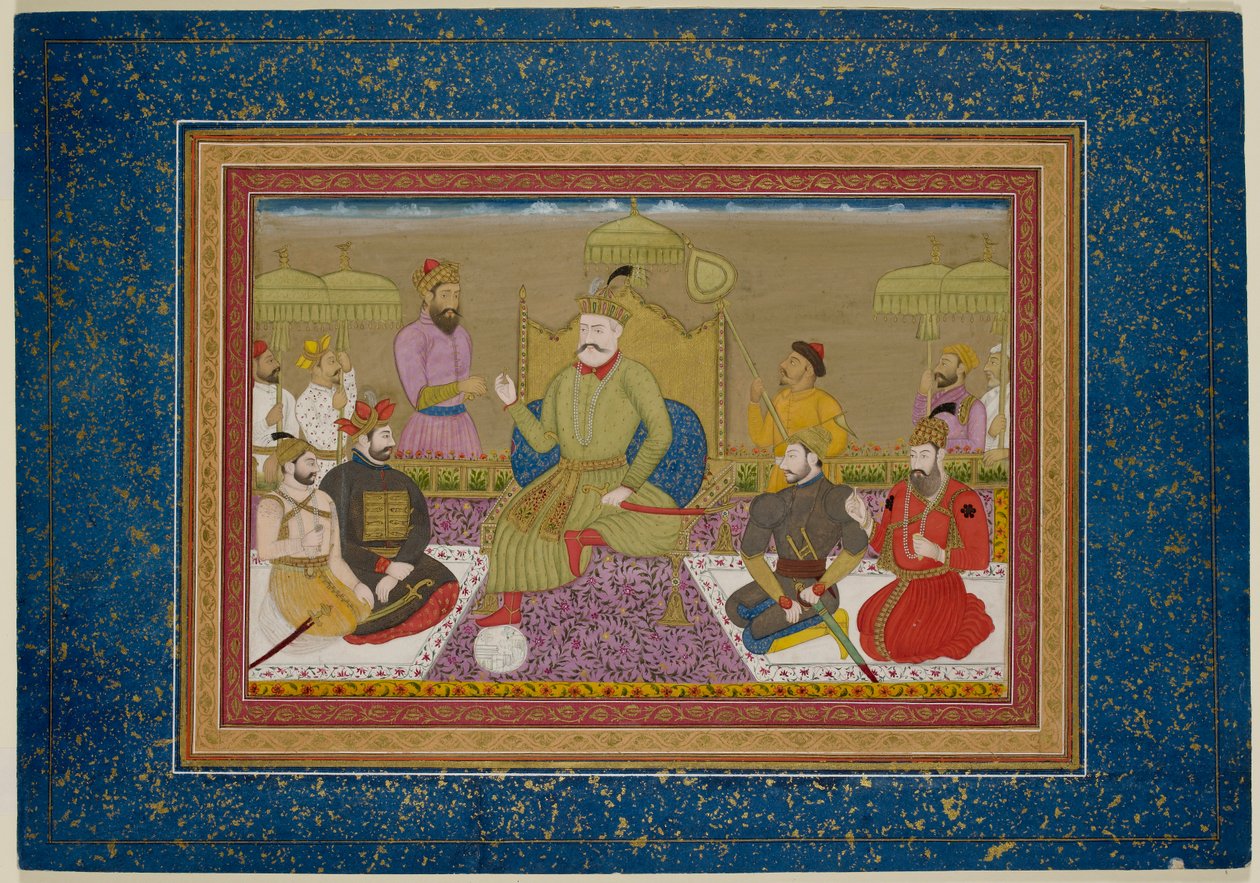 Yusuf Adil Shah na trůn s dalšími čtyřmi monarchy z Bijapuru, kolem roku 1750 (vellum) od Islamic School