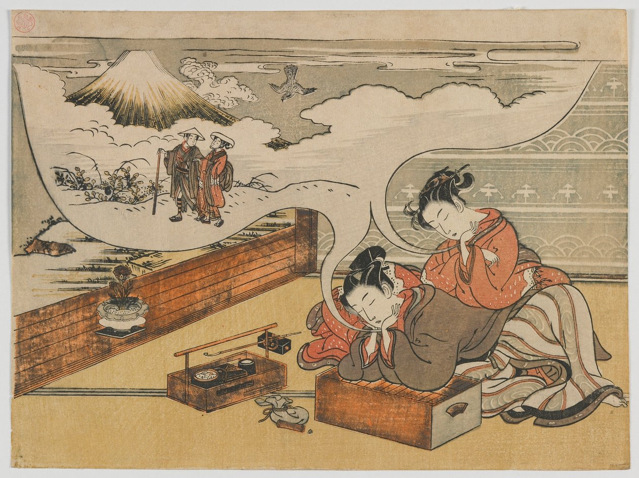 Dreaming of Walking near Fuji, období Edo, 1770-73 (barevný dřevořez) od Isoda Koryusai
