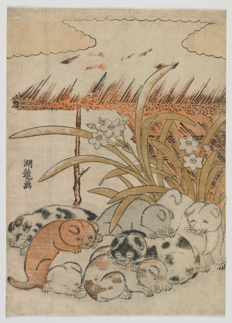 Štěňata na sněhu, období Edo, 1778 (barevný dřevoryt) od Isoda Koryusai