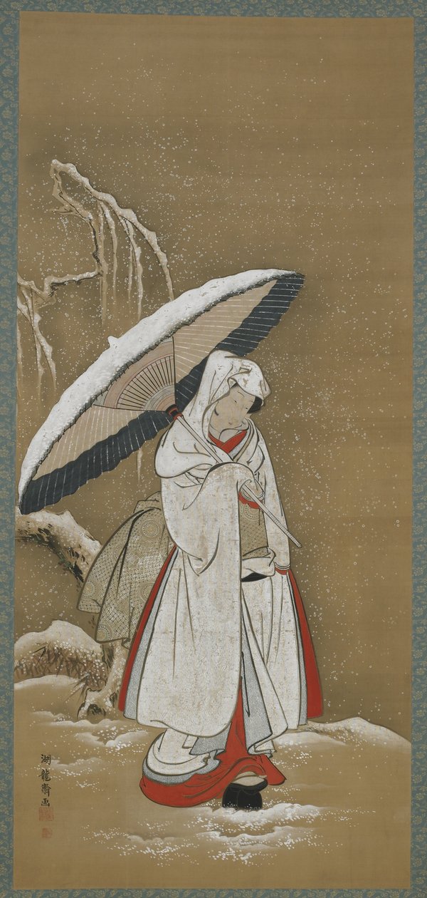 Zima: mladá žena kráčející ve sněhu, období Edo, cca 1772-80 (barva a zlato na hedvábí) od Isoda Koryusai