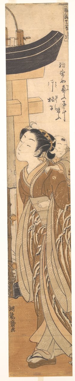 Eine Frau mit einem Kind auf dem Rücken nahe dem Eingang zu einem Tempel od Isoda Koryusai
