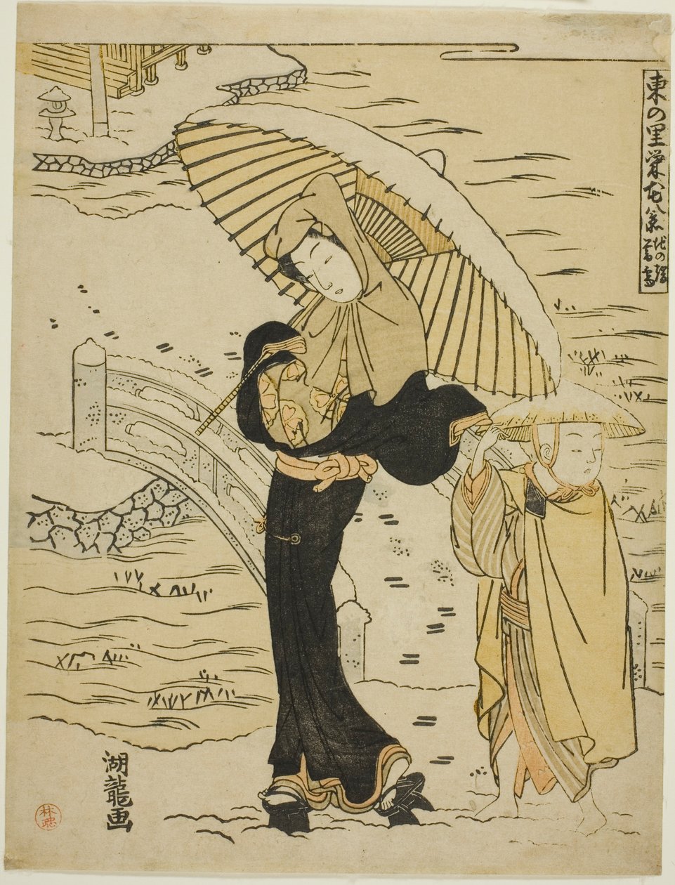 Večerní sníh v Ikenohatě (Ikenohata bosetsu), ze série "Večerní sníh v Ikenohatě" od Isoda Koryusai