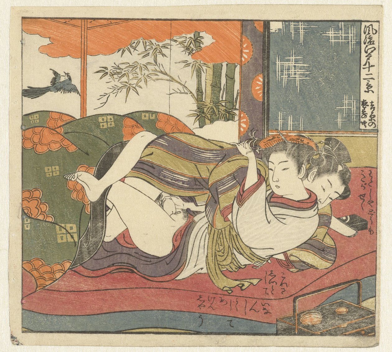 Milující pár v posteli Dvanáct pohledů na Sophisticated Edo (název série) Furyu Edo junikei (název série na objektu) od Isoda Koryusai