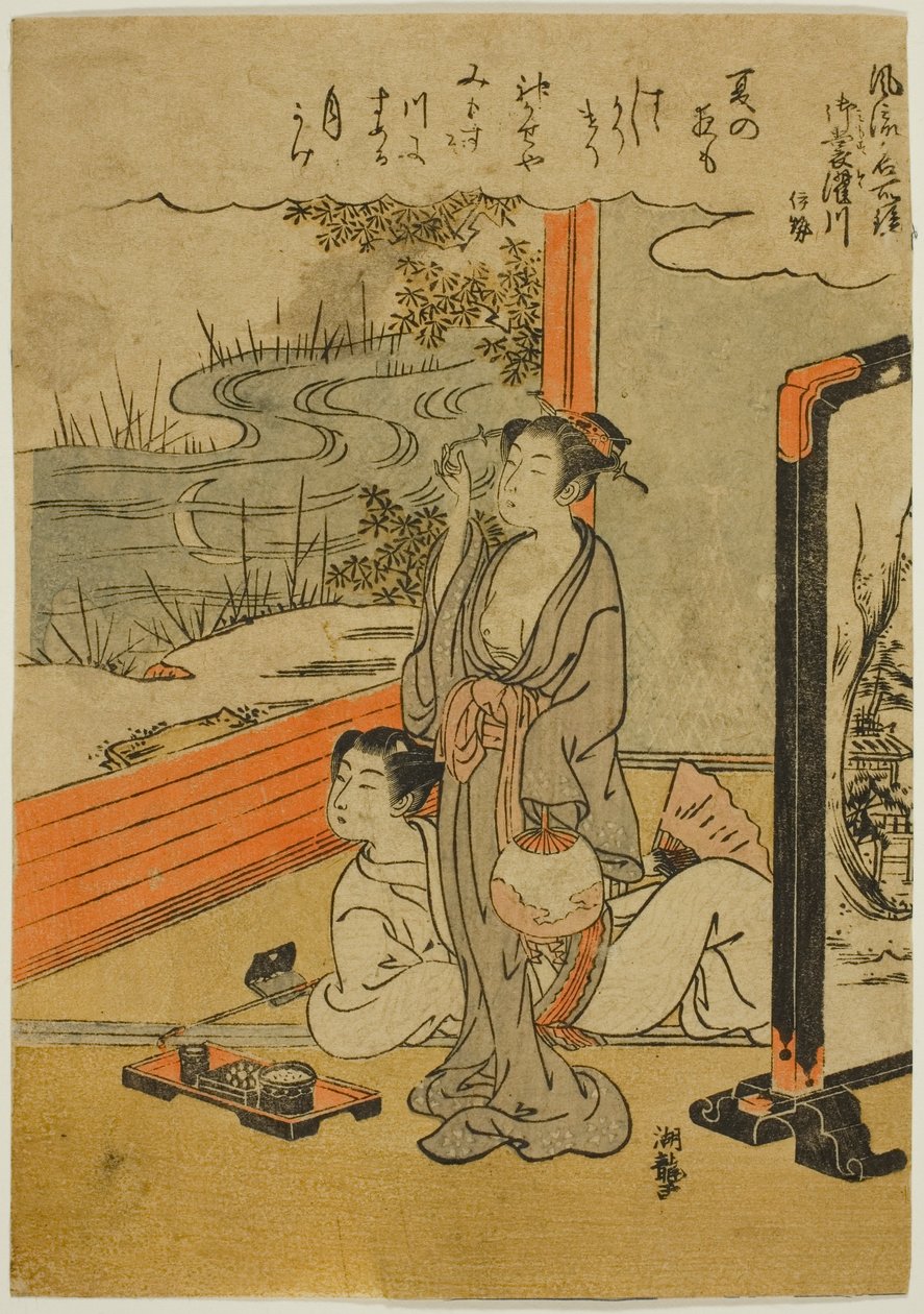 Řeka Mimosuso v provincii Ise (Mimosusogawa, Ise), ze série "Módní zrcadla slavných míst (Furyu meisho kagami)" od Isoda Koryusai