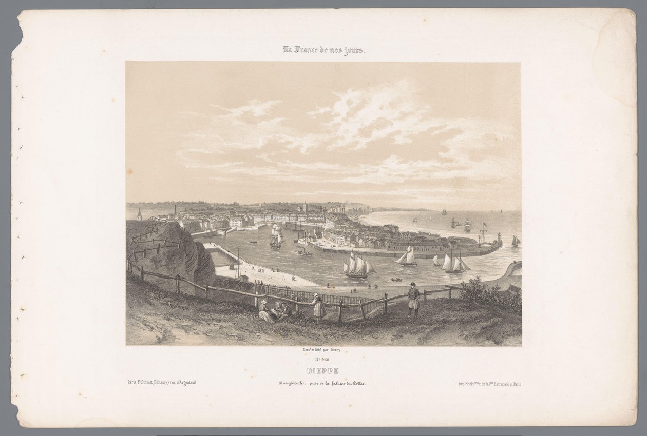 Pohled na Dieppe z útesu Pollet Dieppe. Vue générale, cena de la falaise du Pollet (titul na předmětu) Současná Francie (název série) La France de nos jours (název série na objektu) od Isodore Laurent Deroy