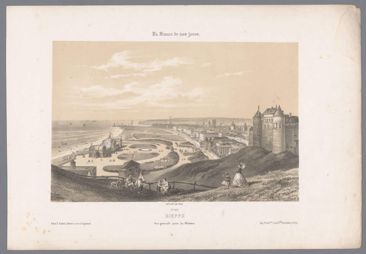 Pohled na Dieppe z hradu Dieppe. Vue générale cena du Château (titul na předmětu) Současná Francie (název série) La France de nos jours (název série na objektu) od Isodore Laurent Deroy