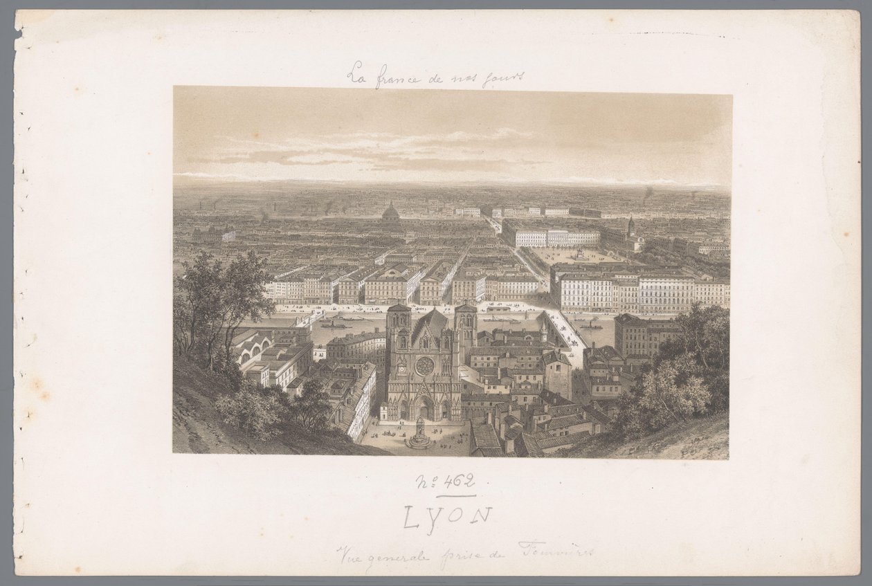 Zicht op Lyon en de kathedraal vanaf Fourvière Lyons. Celkový pohled převzat z Fourvières Hedendaags Frankrijk (název série) Francie v současnosti (název série) od Isodore Laurent Deroy