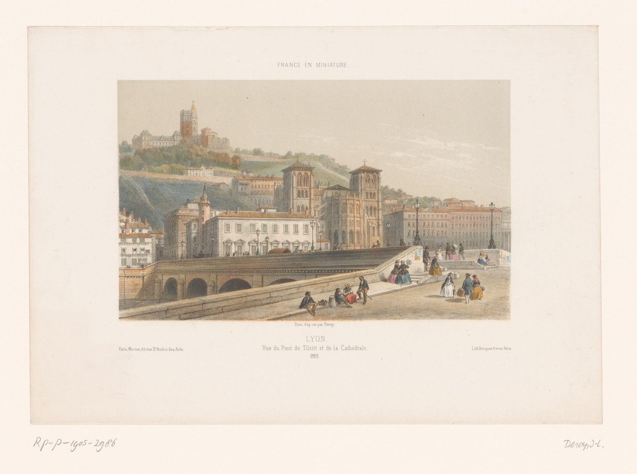 Pohled na Pont Tilsitt a katedrálu Saint-Jean v Lyonu Lyons. Vue du Pont de Tilsitt et de la Cathédrale (název na objektu) Malé tváře ve Francii (název série) France en miniature (název série na objektu) od Isodore Laurent Deroy