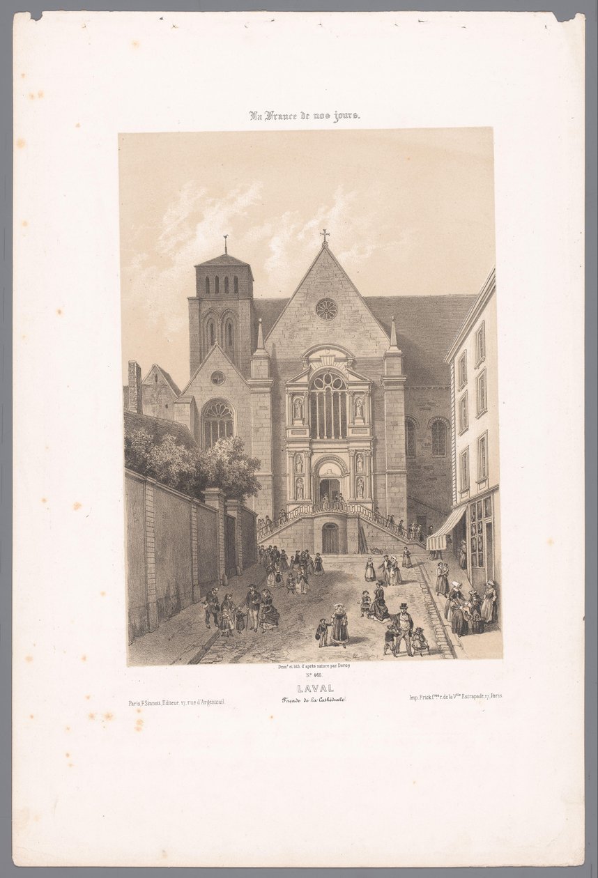 Pohled na katedrálu Sainte-Trinité v Laval láva. Façade de la Cathédrale (název na objektu) Současná Francie (název série) La France de nos jours (název série na objektu) od Isodore Laurent Deroy