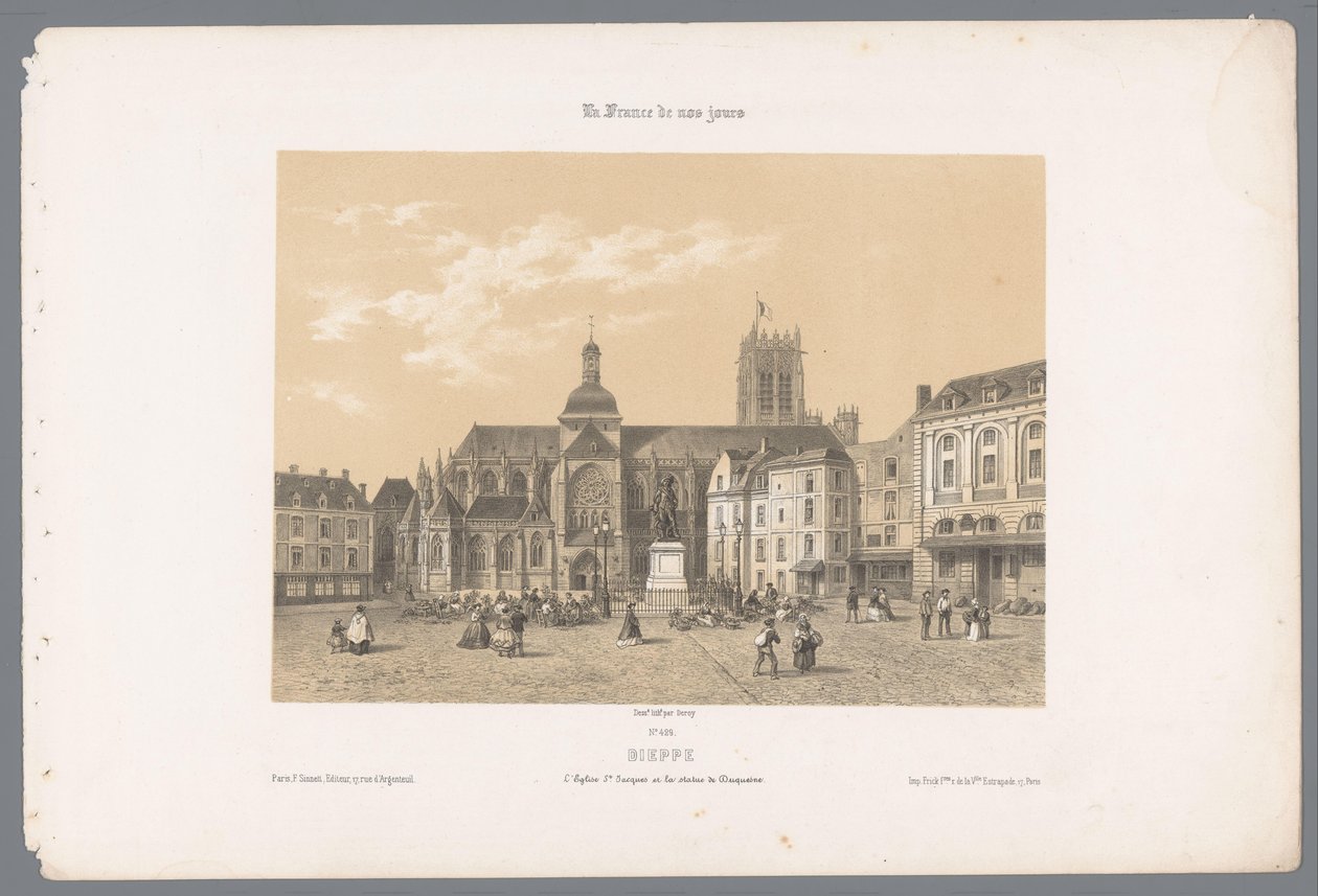 Pohled na kostel Saint-Jacques a sochu Duquesna v Dieppe Dieppe. l