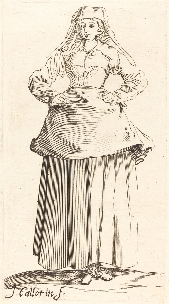 Mladá žena s rukama v bok, pohled zepředu od Israel Henriet after Jacques Callot