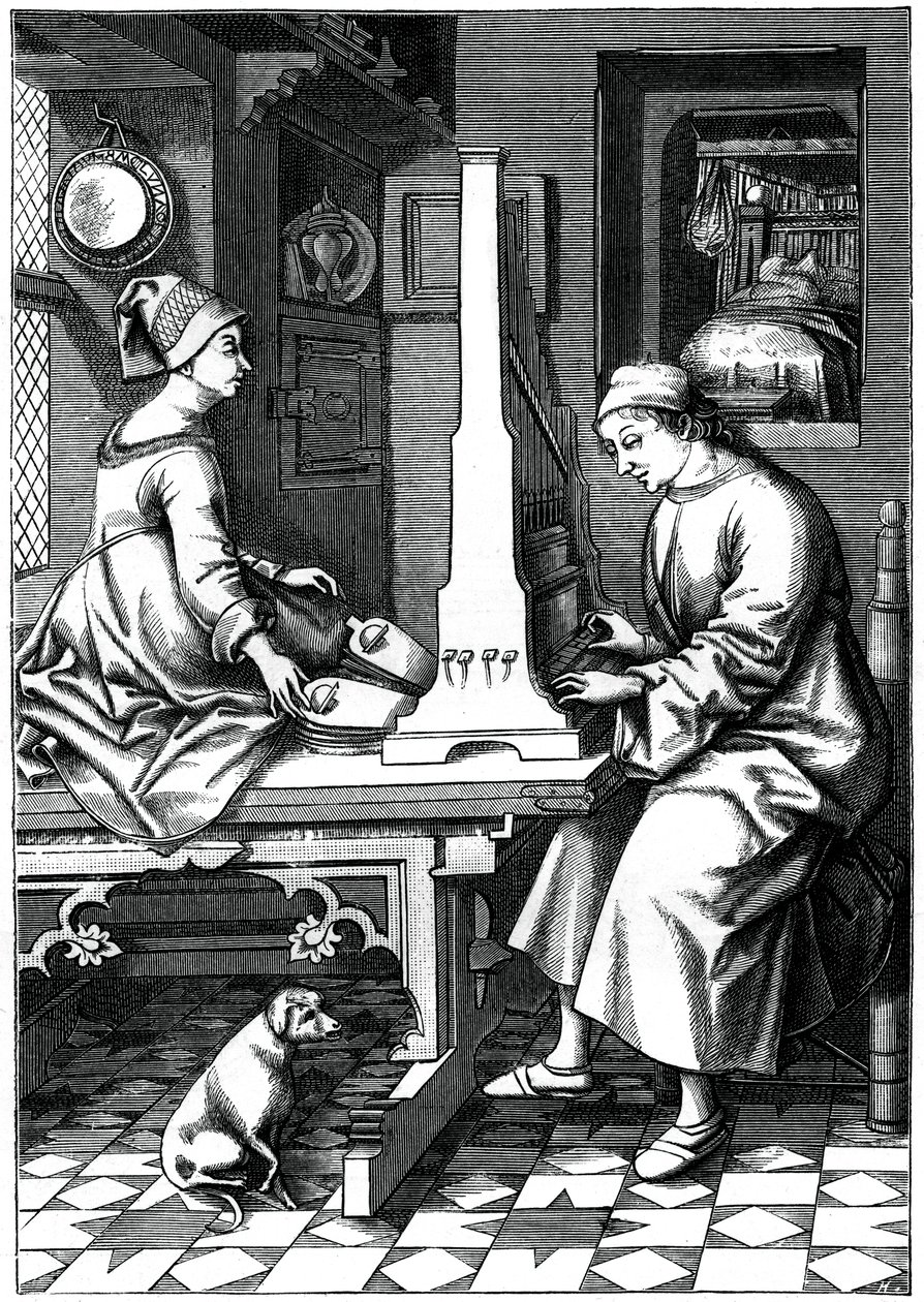 Německý hudebník provádějící hudební skladbu na přenosných varhanách, 15. století, 1870. od Israel van Mecken