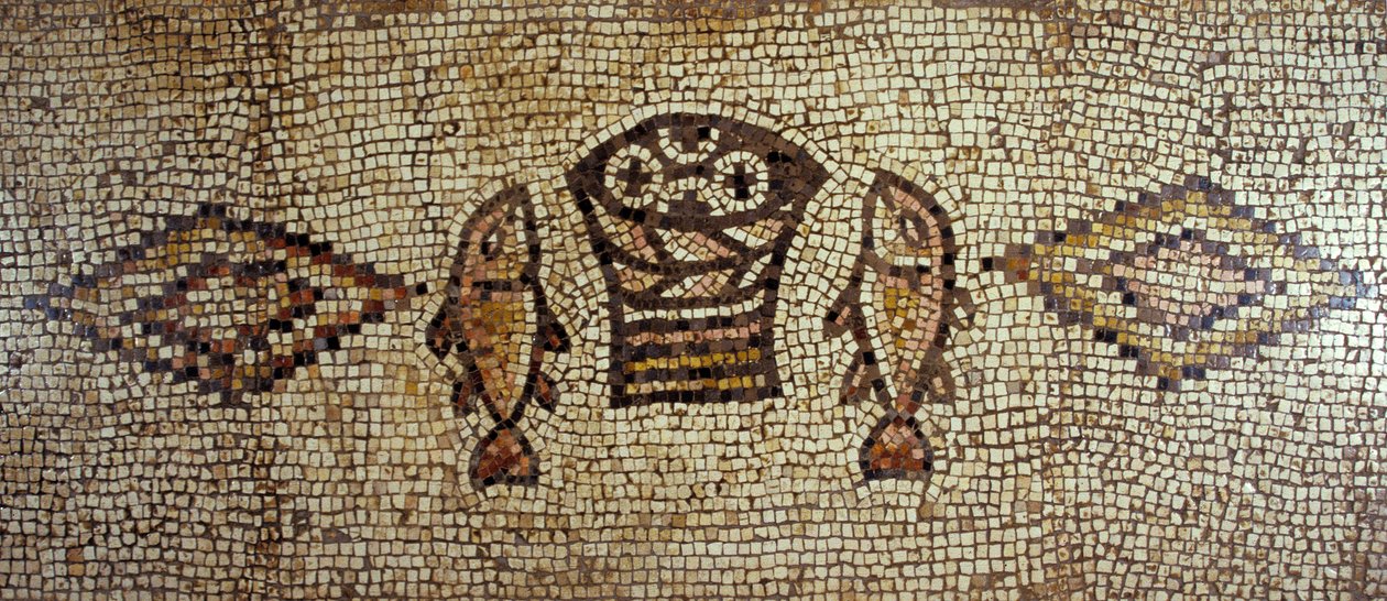 Byzantská mozaika zobrazující ryby a bochníky chleba (keramické dlaždice) od Israeli School