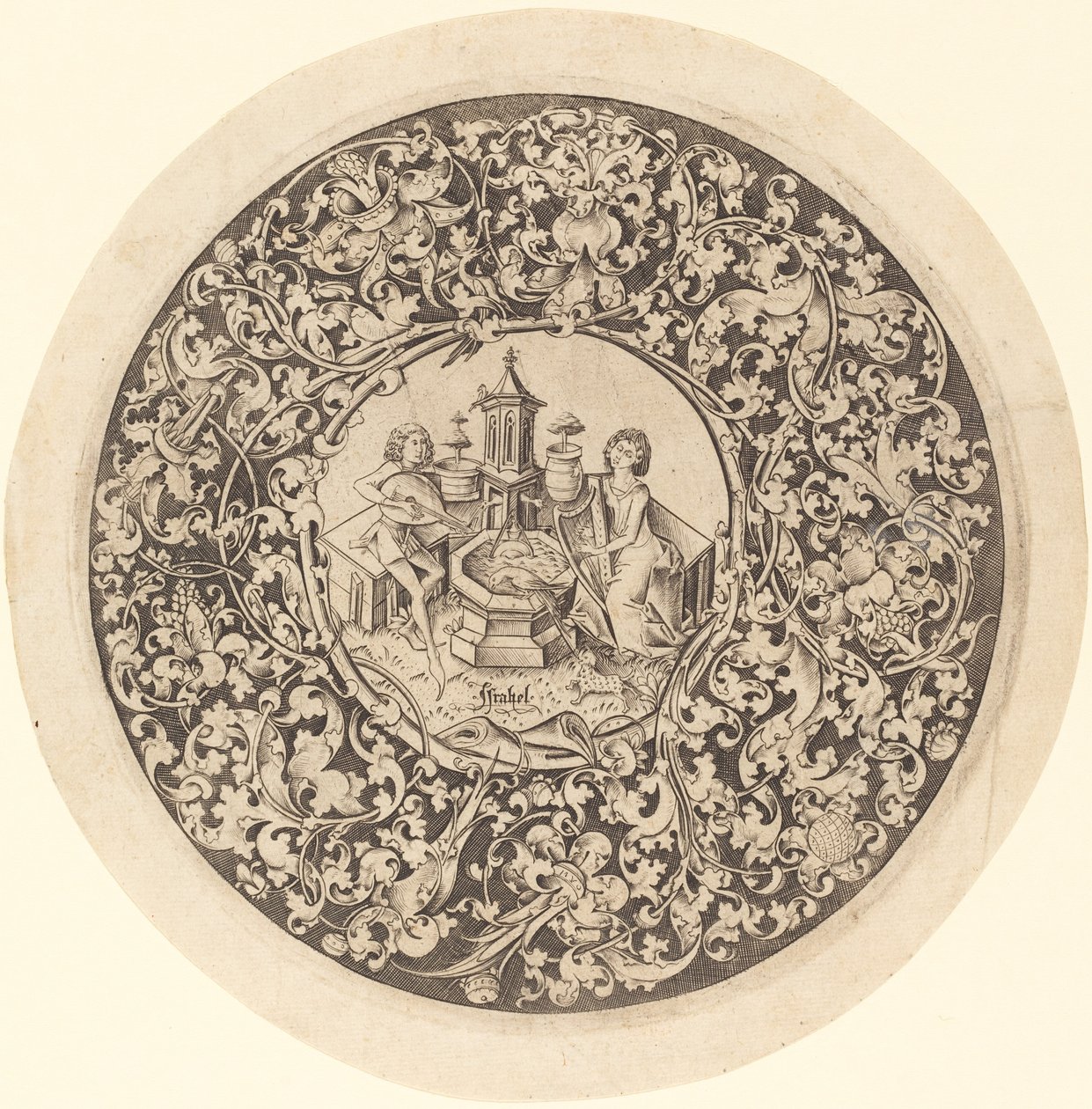 Kruhový ornament s hudebníky hrajícími si u studny, c. 14951503. od Israhel van Meckenem