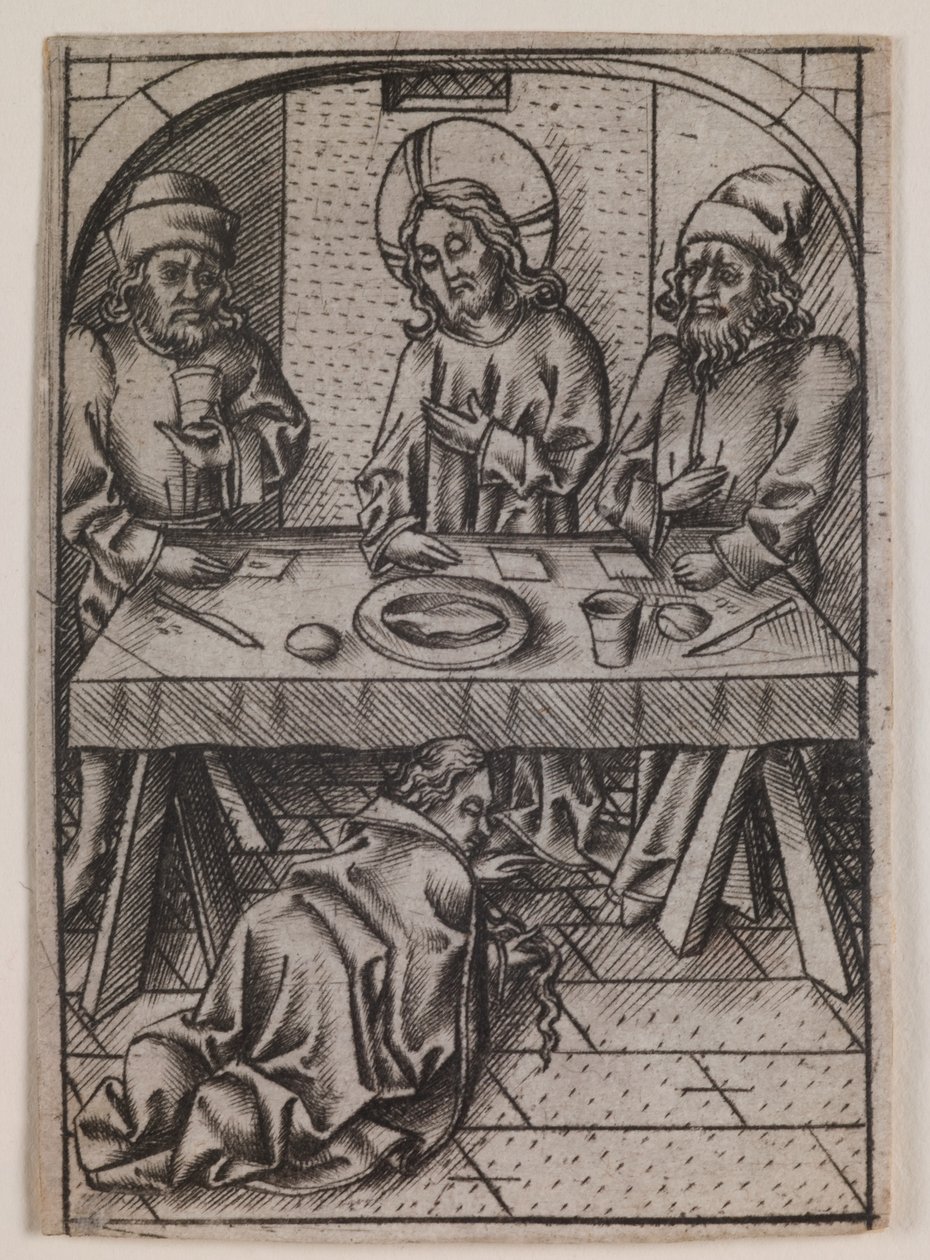 Marie Magdaléna umývá Kristovy nohy, kolem roku 1500 (rytina) od Israhel van the younger Meckenem