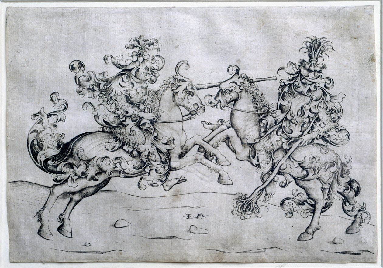 Hrají dva jezdci. Hra dvou mužů na koni. Kresba Israel Van Meckenem (asi 1440-1503). muzeum Louvre od Israhel van the younger Meckenem
