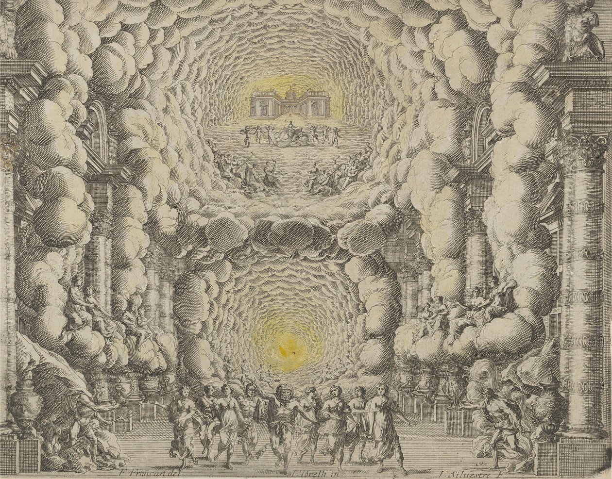 Návrh divadelní výpravy, kterou vytvořil Giacomo Torelli da Fano pro balet 
