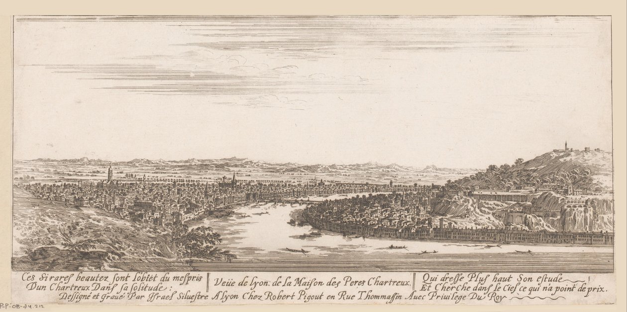 Pohled na Lyon z kartuziánského kláštera Veue de Lyon de la Maison des Peres Chartreux (název na objektu) od Israël Silvestre