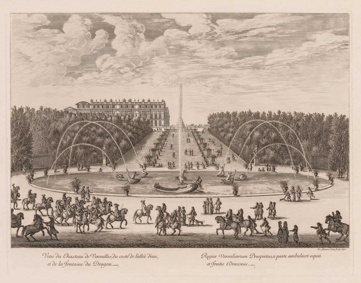 Pohled na Château de Versailles, ze strany uličky a Dračí fontány od Israël Silvestre