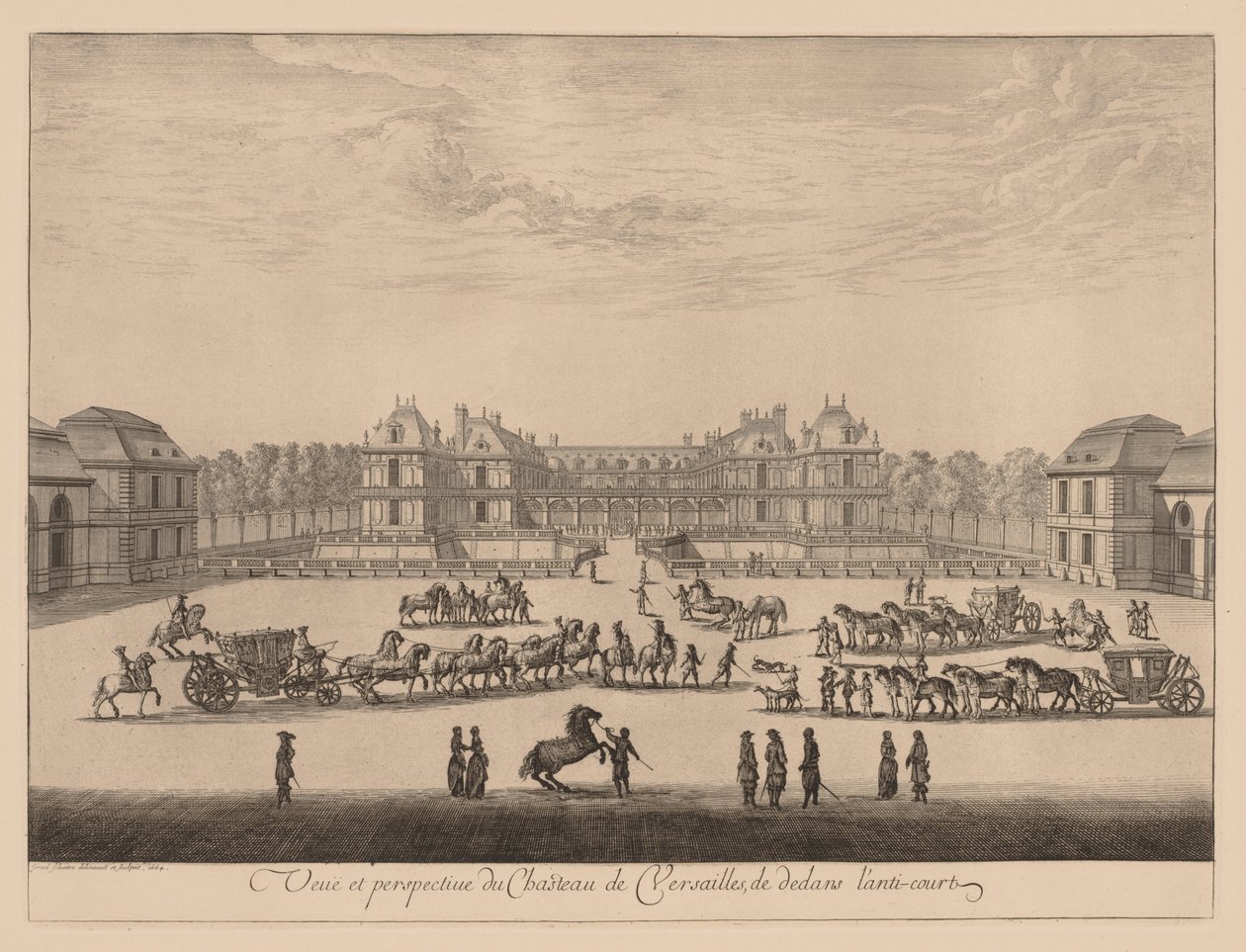 Pohled a perspektiva paláce ve Versailles zevnitř protinádvoří od Israël Silvestre