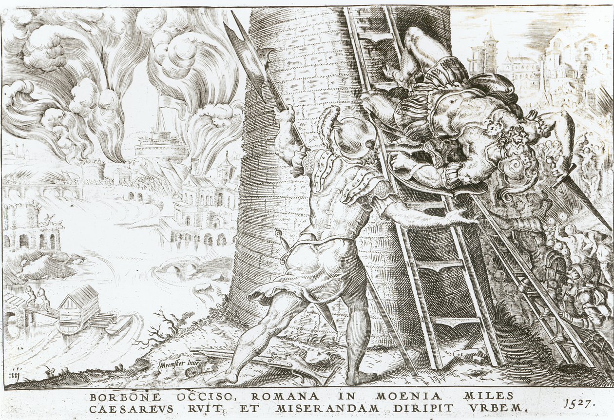 Po smrti Karla Bourbonského (1490-1527) útočí vojska Karla V. (1500-58) na hradby Říma, 1527 od Italian School