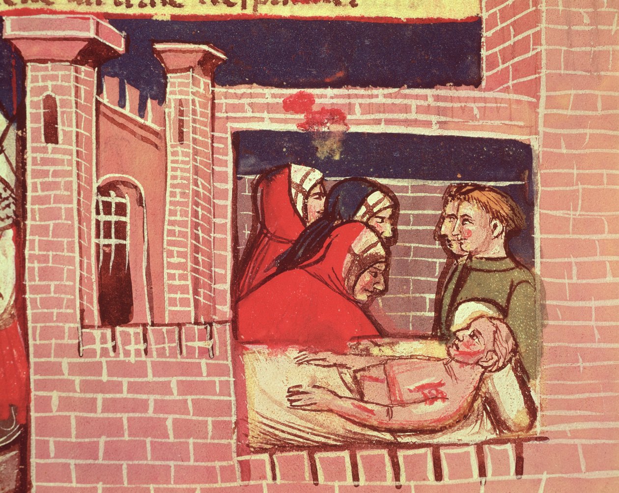 Péče o zraněného muže na hradě z Benátského kodexu od Italian School