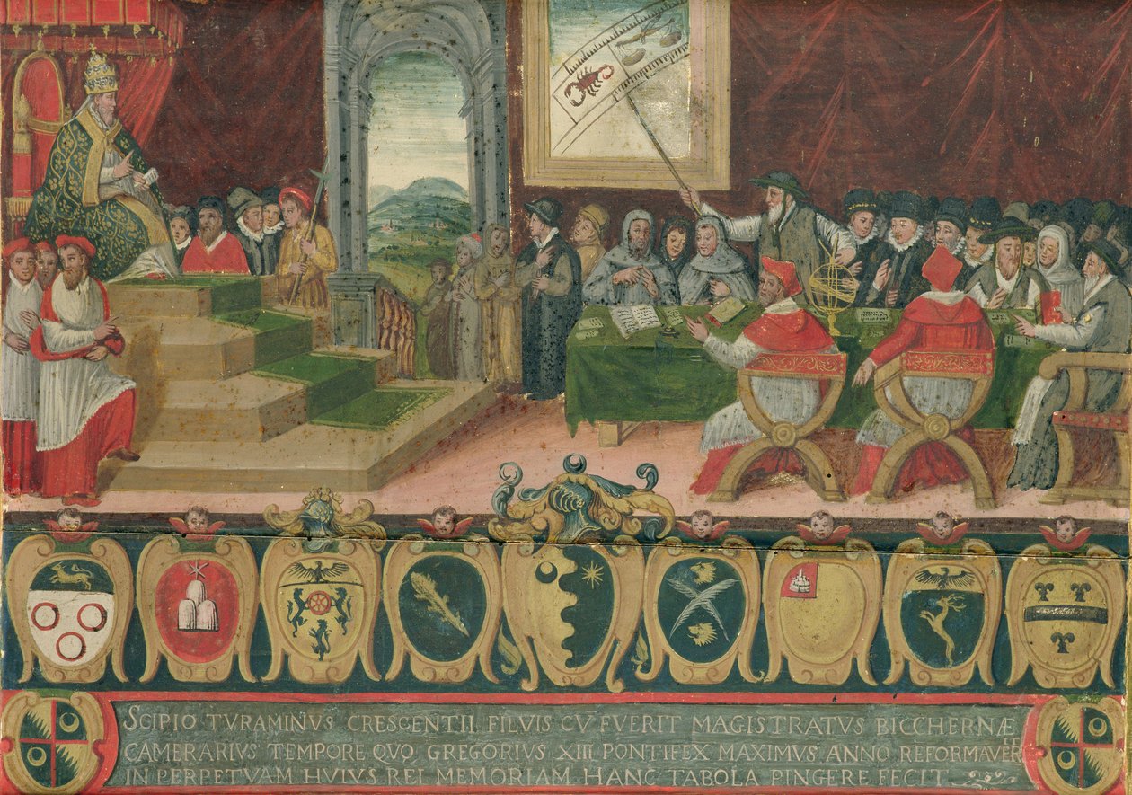 Diskuse o reformě kalendáře za papeže Řehoře XIII (1502-85), kterou nahradil gregoriánský kalendář, Řím, 15. října 1582 (viz také 102626) od Italian School