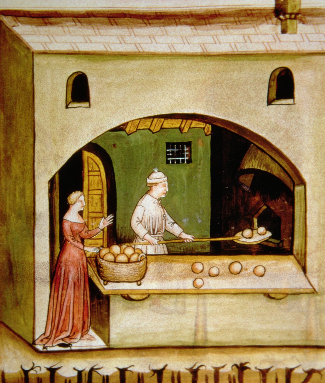 Fol.63r Pečení bílého chleba, ilustrace z Tacuinum Sanitatis Codex Vindobonensis od Italian School