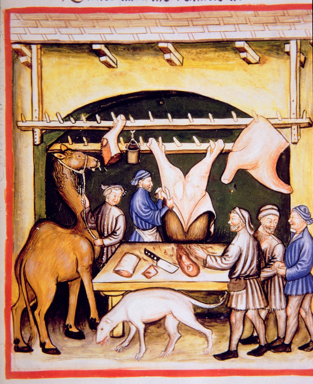 Fol.74r Řezníci: Maso z krav a velbloudů, ilustrace z Tacuinum Sanitatis Codex Vindobonensis od Italian School