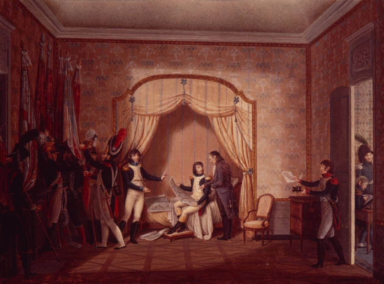 Generál de Marmont ukazuje Bonapartovi ukořistěné vlajky Montenetto a Cossaria, 1796 od Italian School