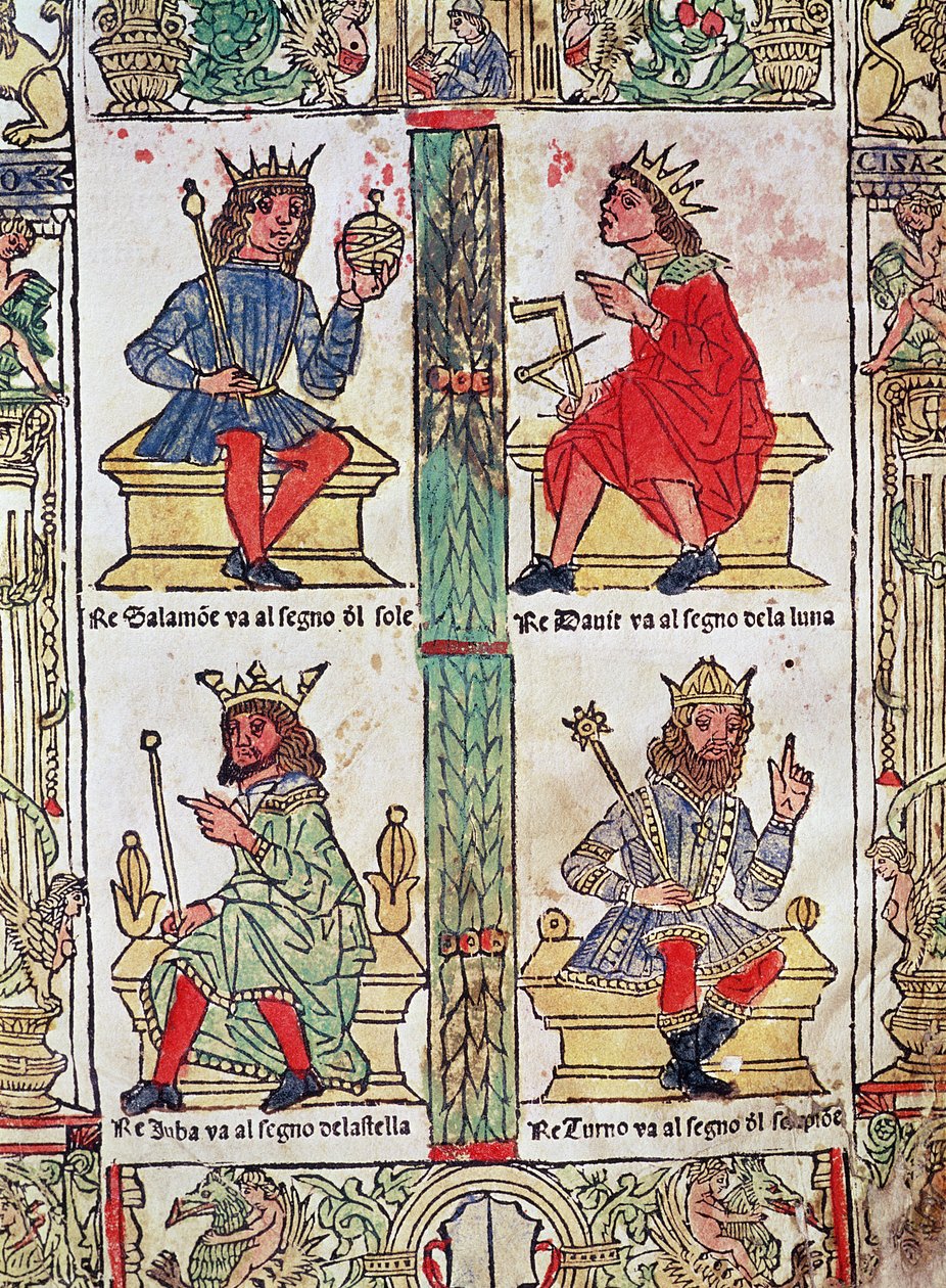 Král David, Šalamoun, Luba a Turnis, z knihy „Libro de la Sorte e de la Ventura“ od Lorenza Spirita (barevný dřevoryt) od Italian School