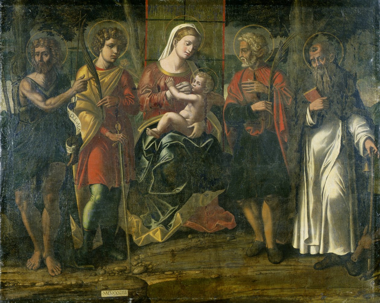 Madona s dítětem s Janem Křtitelem, Antonínem a dalšími svatými, 1534 (tempera na plátně) od Italian School