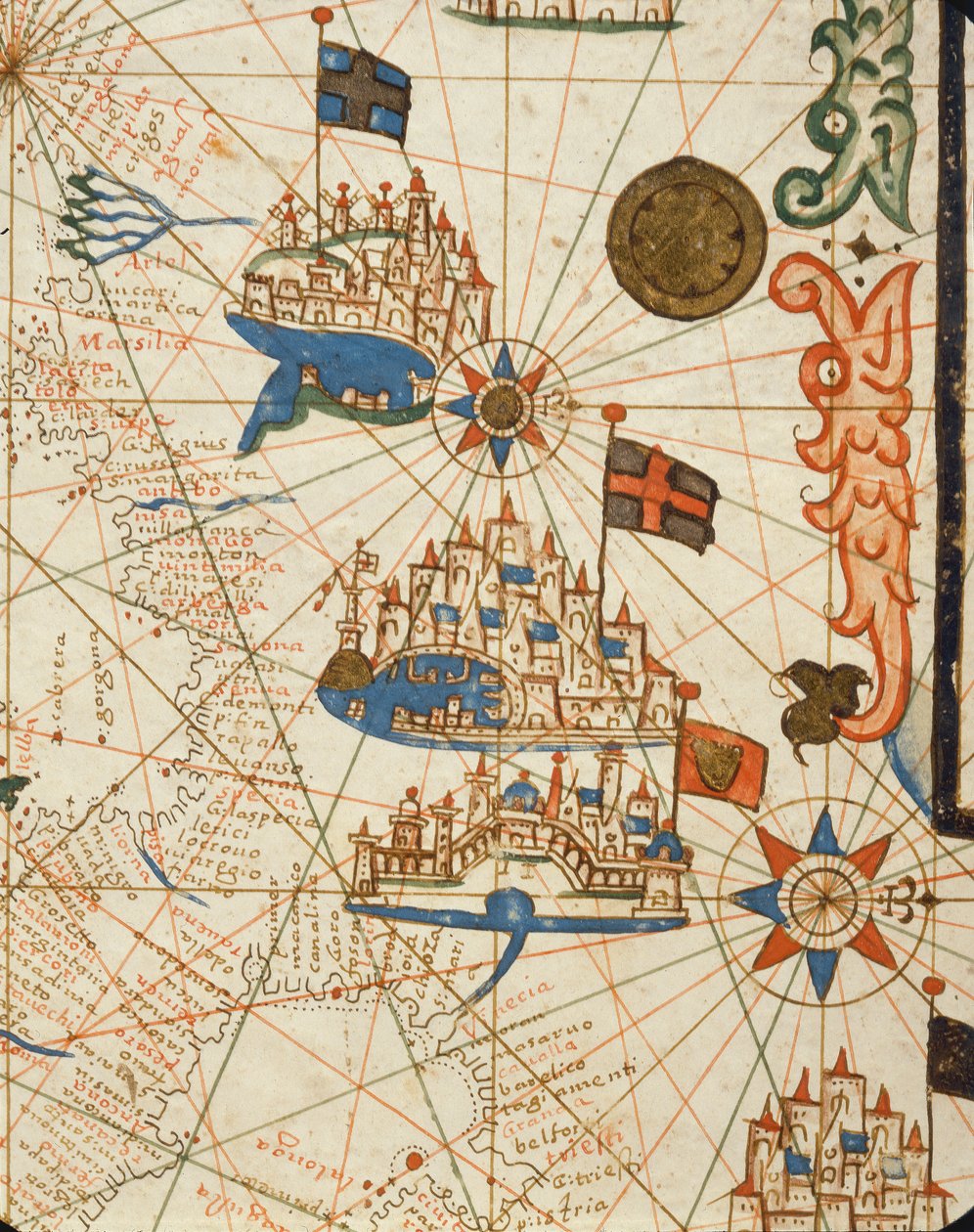 Marseille, Janov a Benátky, z námořního atlasu, 1646 (inkoust na pergamenu) (detail z 330937) od Italian School