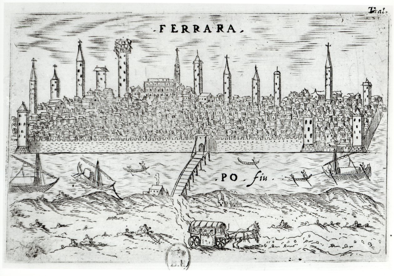 Panoramatický pohled na Ferrara z protějšího břehu řeky Pád od Italian School