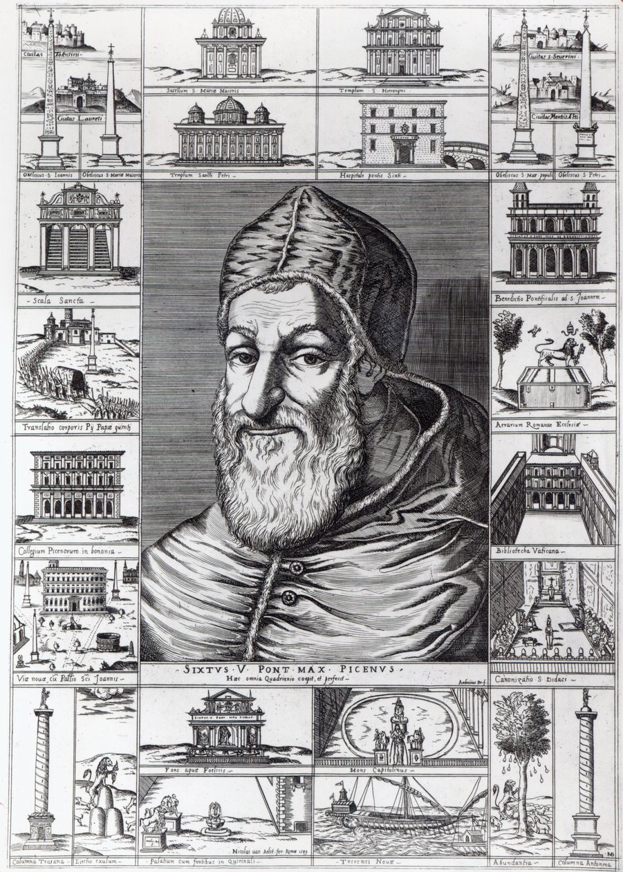 Papež Sixtus V, obklopený kostely, budovami a památkami postavenými nebo obnovenými během jeho pontifikátu, rytý Ambrosius, 1589 od Italian School