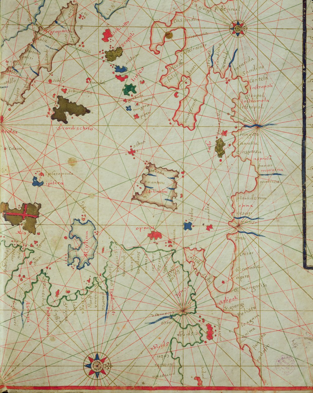 Peloponés s ostrovem Limnos, z námořního atlasu, 1646 (inkoust na pergamenu) (detail z 330939) od Italian School