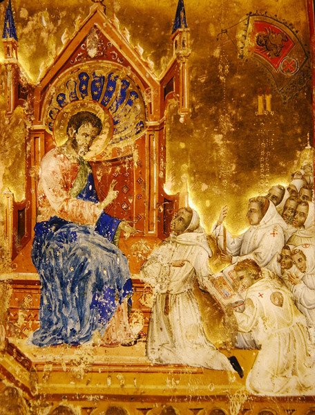 Bratři předkládají pravidlo svatému Markovi z Mariegoly z laického cechu sv. Marka, kolem roku 1350 (inkoust a zlatý list na pergamenu) od Italian School