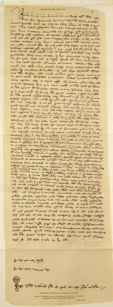 Poslední vůle Marca Pola, sepsaná v roce 1324 od Italian School