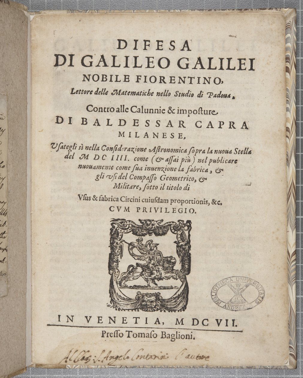 Titulní strana Difesa, od Galilea, 1607 od Italian School