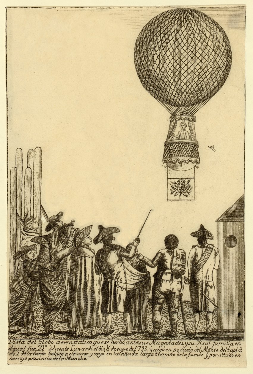 Pohled na aerostatický balón, který byl vyroben před jeho magesta des a jeho královskou rodinou, ve kterém byl Dn. Vicente Lunardi dne 8. ledna 1793 ? pub. 1793 od Italian School