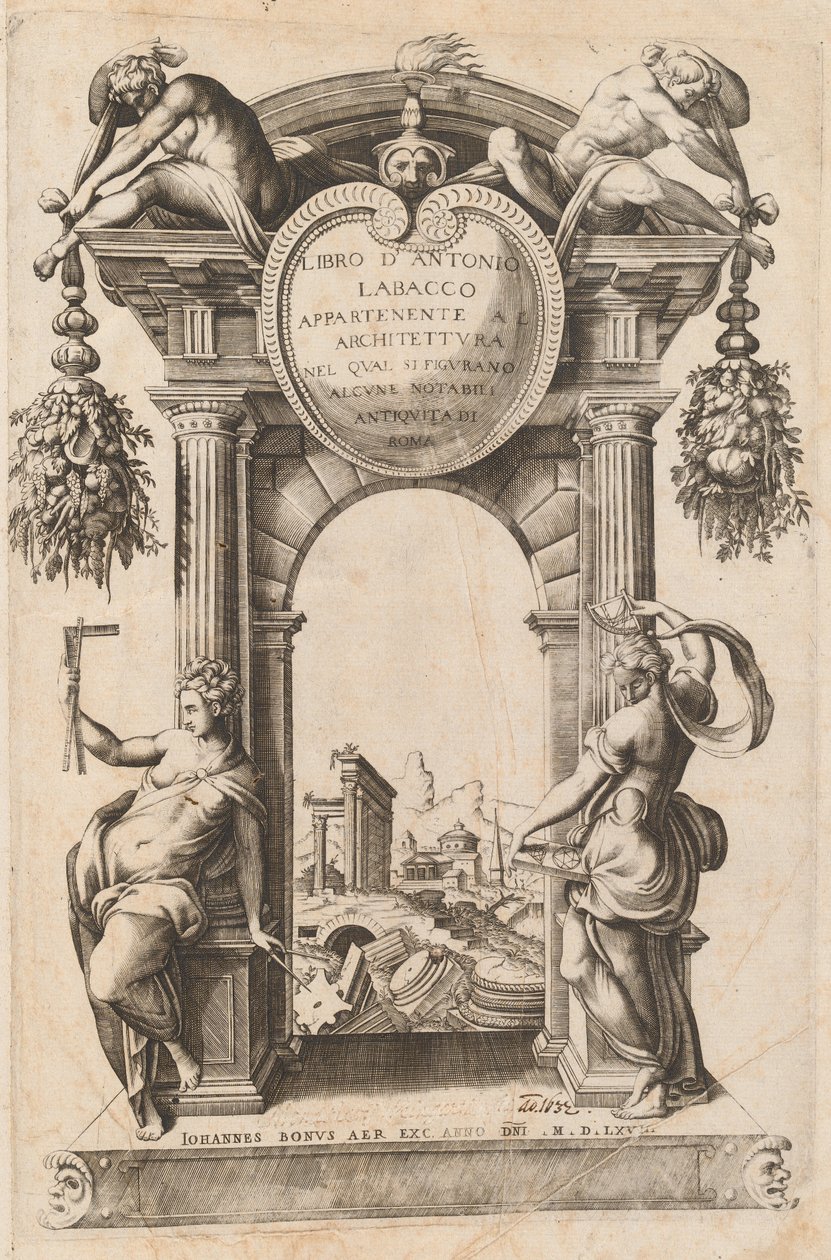 Kniha patřící k architektuře [titulní strana] od Italian 16th Century, after Antonio Labacco, published by Giovanni Boni