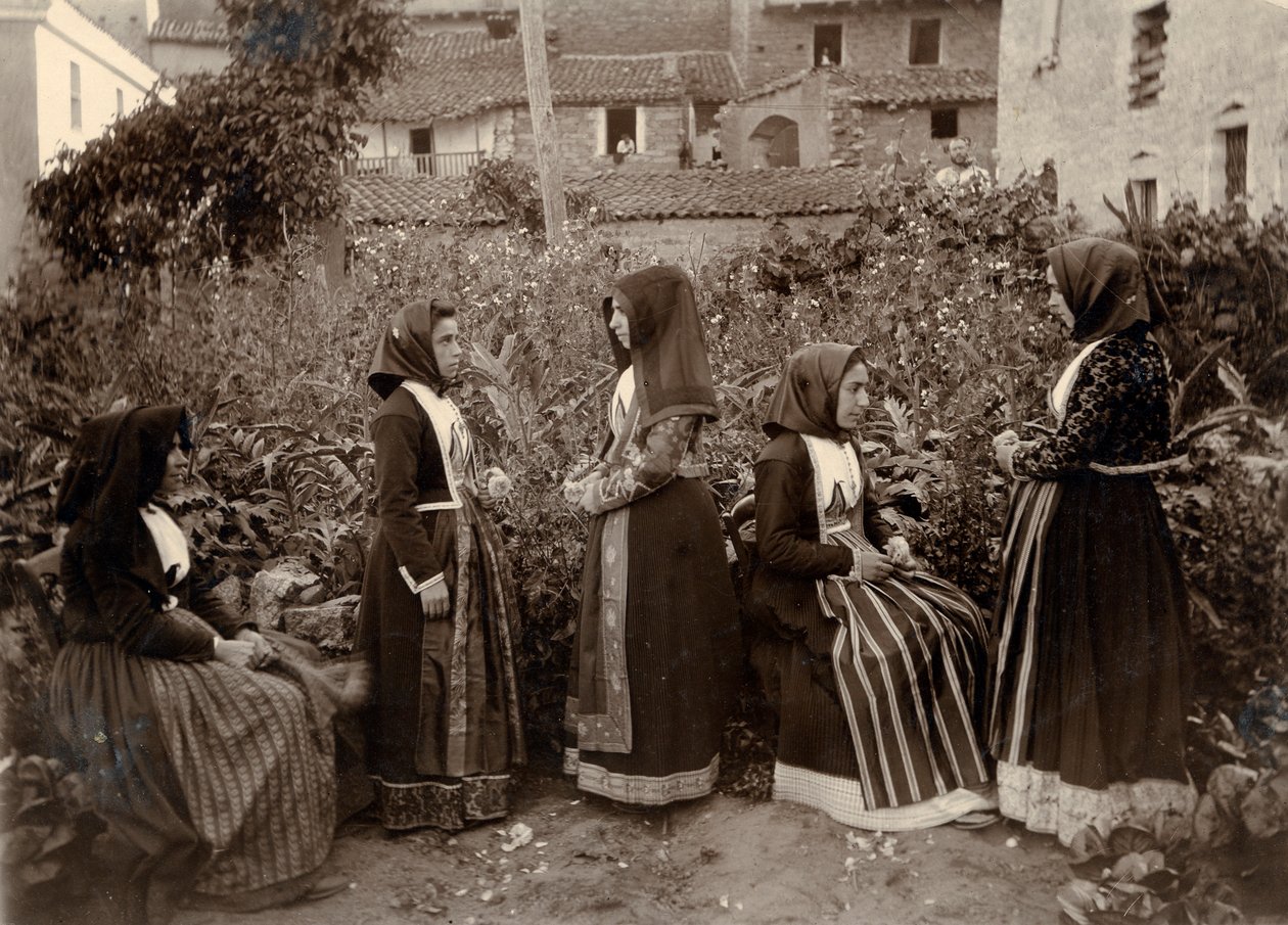 Skupina žen v tradičních krojích v zahradě, Sardinie, Itálie od Italian Photographer
