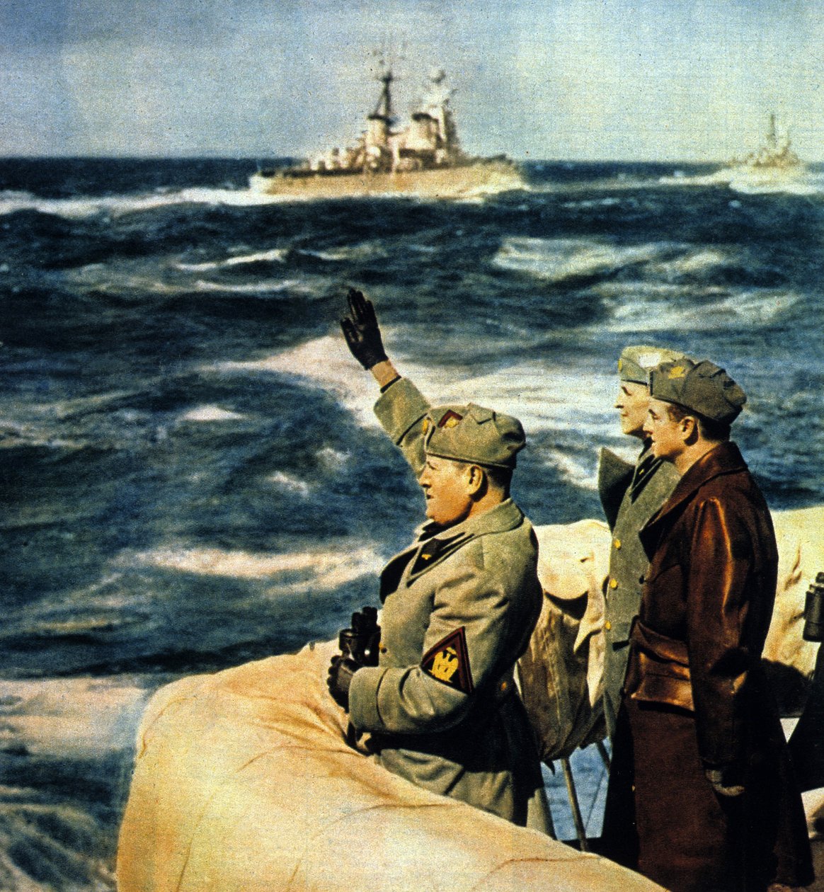 Mussoliniho cesta do Libye. Duce hodnotí italskou flotilu. 1926. Barevná fotografie. od Italian Photographer