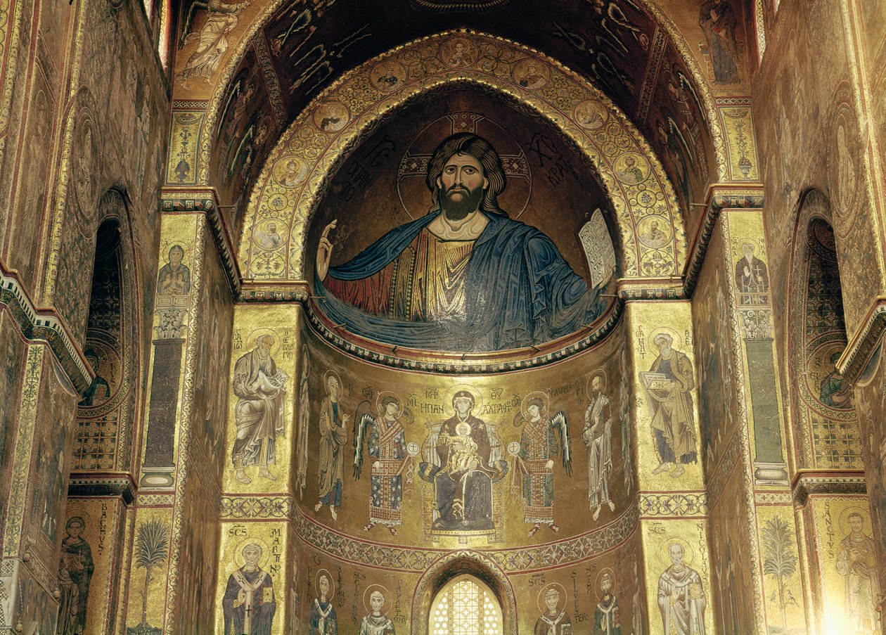 (TtoB) Kristus Pantokrator; Panna a dítě s anděly a apoštoly, z hlavní apsidy, 12.-13. století (mozaika) od Italian School
