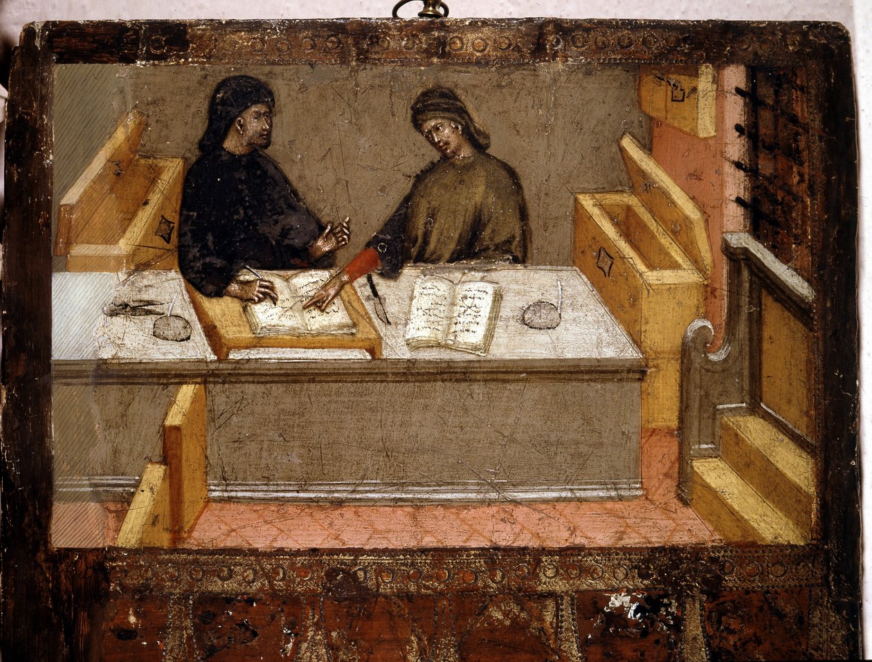Camerlingvista a výběrčí daní v kanceláři Biccherna (obálka účetního rejstříku města Siena) z roku 1394. Národní archiv - Museo delle Tavolette de Bicherna, Siena. od Italian School