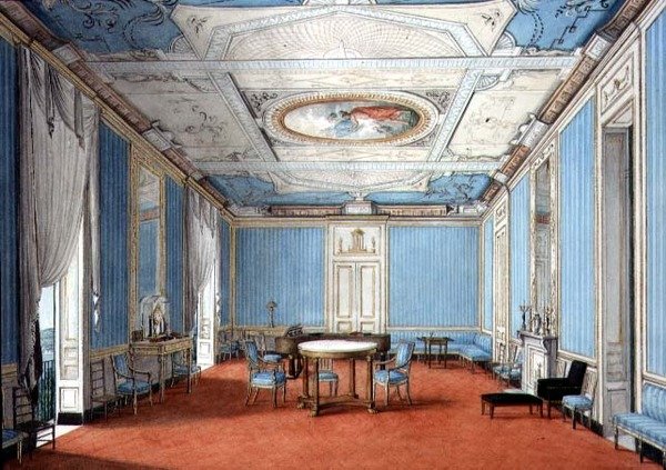 Neoklasický neopolitánský interiér Palazzo, kolem roku 1830 (kvaš a akvarel na papíře) od Italian School