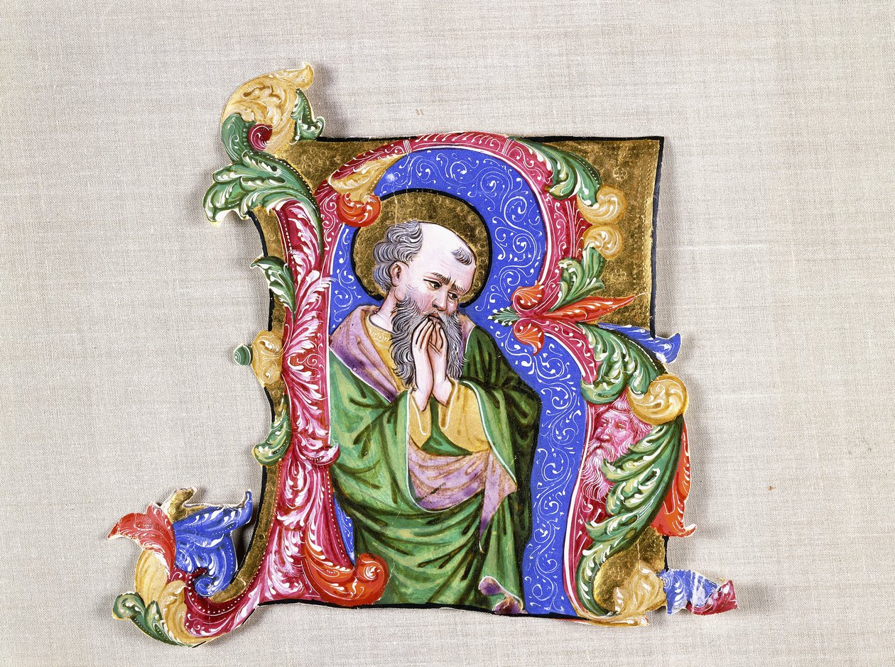 A Praying Saint, velká historická iniciála R, kolem 1400 (historická iniciála, vystřižená z antifonálu na pergamenu) od Italian School