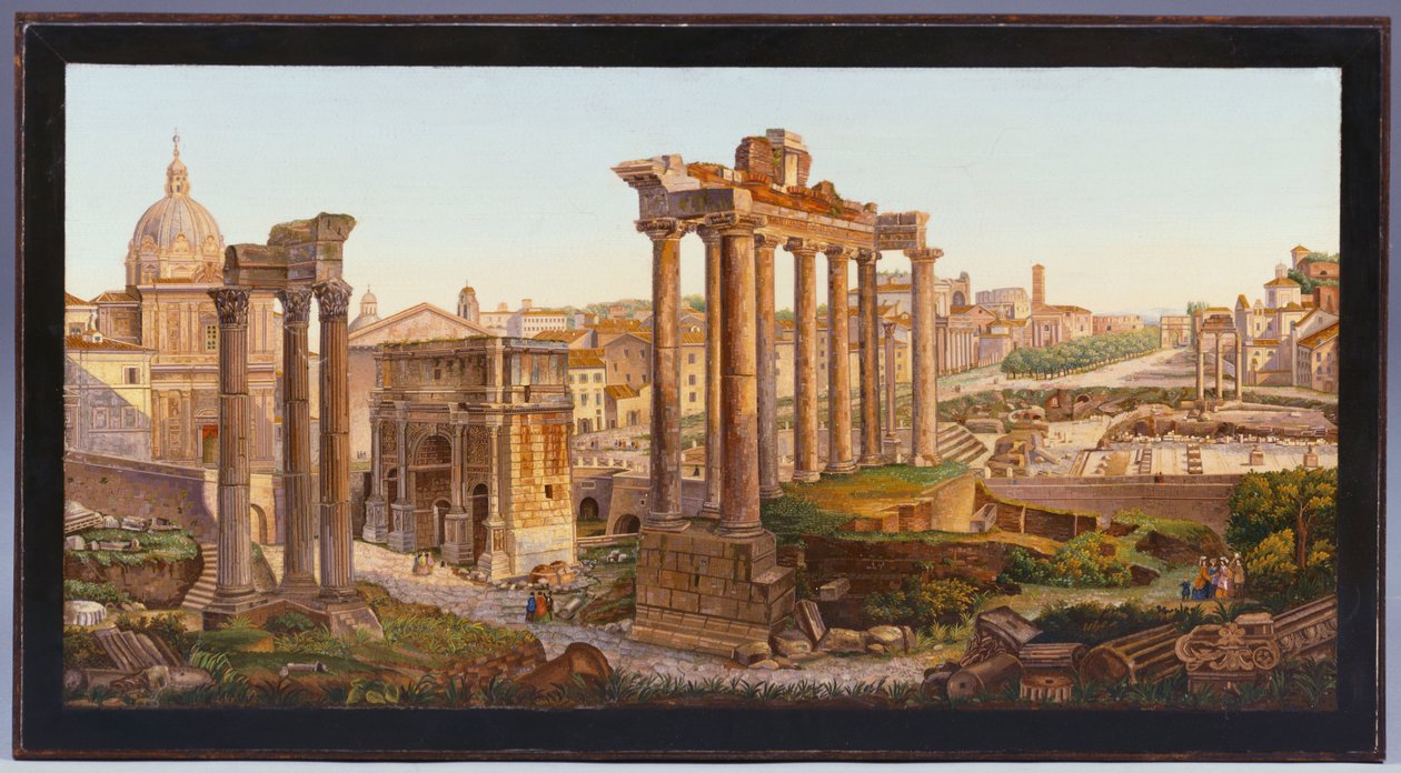 Římská stolní deska z mikromozaiky vykládaná postavami před chrámy Castor a Pollux na Forum Romanum od Italian School