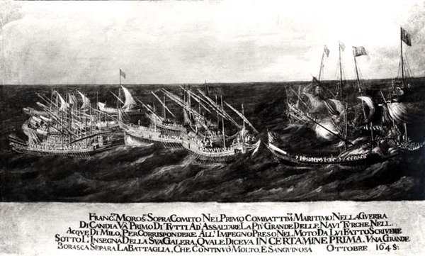 Námořní bitva mezi benátským loďstvem pod vedením generála Francesca Morosiniho (1618-94) proti Turkům u pobřeží Kréty, říjen 1645 (olej na plátně) (černobílé foto) od Italian School